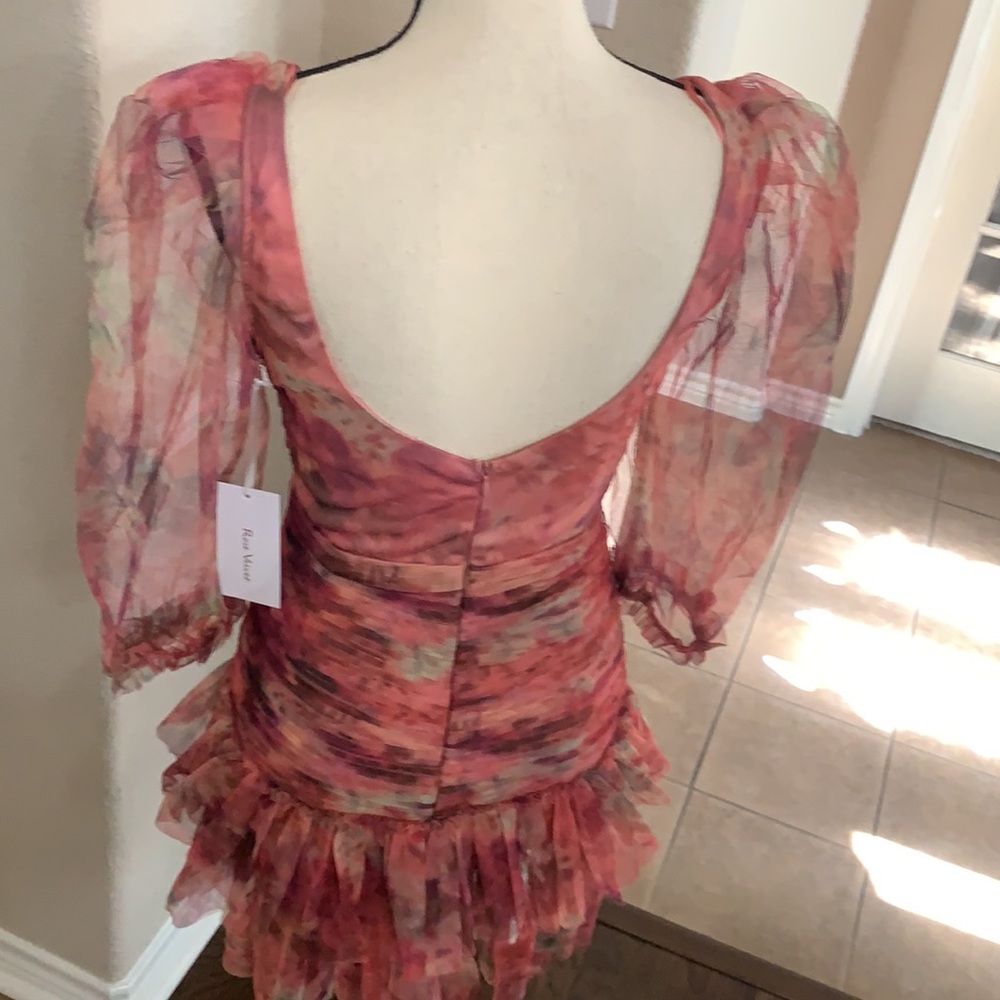 Multicolored pink floral graphic runched tulle bodycon mini dress - Picture 3 of 16